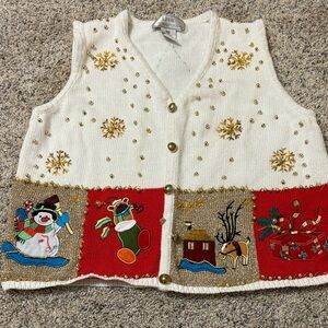 Lisa International Cream Knit Vest with Gold Accents